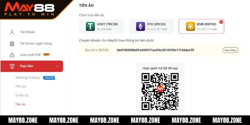 Nạp tiền MAY88 - Quy trình gửi vốn cược vào tài khoản 4 Gửi tiền bằng Bitcoin