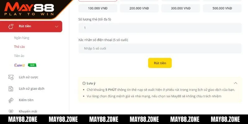 Rút tiền MAY88 - Hướng dẫn quy trình rút lợi nhuận đơn giản 4 Một số chú ý đảm bảo việc rút tiền tại sân chơi thành công